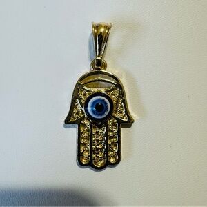 Brazilian Laminated Gold Hamsa Hand Pendant with Blue Evil Eye Pendant Good Luck